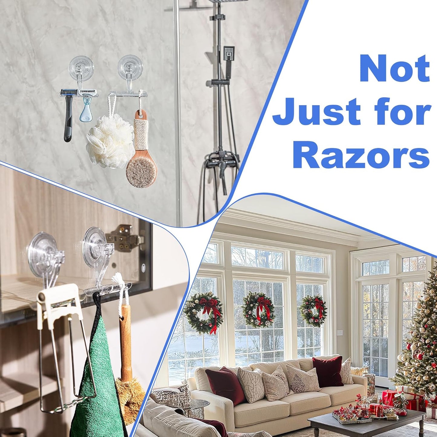 ANDGOO Suction Cup Razor Holder for Shower, 2 Pack Powerful Suction Cup Hooks for Towel, Loofah, Shaver, Wreaths, No-Damage Wall Hanger for Bathroom, Kitchen, No Drilling, Easy Install, Clear