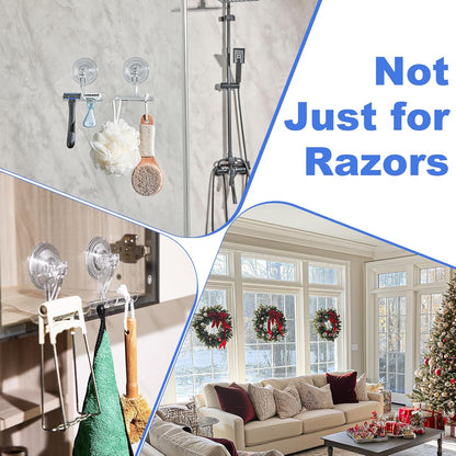 ANDGOO Suction Cup Razor Holder for Shower, 2 Pack Powerful Suction Cup Hooks for Towel, Loofah, Shaver, Wreaths, No-Damage Wall Hanger for Bathroom, Kitchen, No Drilling, Easy Install, Clear