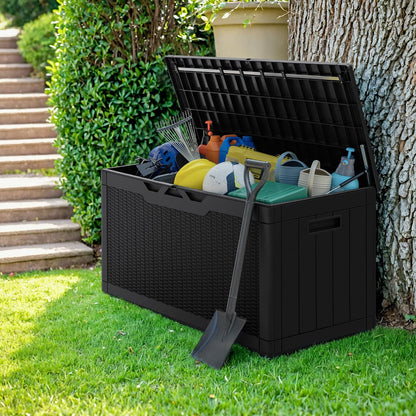 Greesum Outdoor Storage Box 82 Gallon Storage Bin with Lid for Patio Furniture, Garden Tools, Pool Supplies, Waterproof and UV Resistant, Lockable, Black