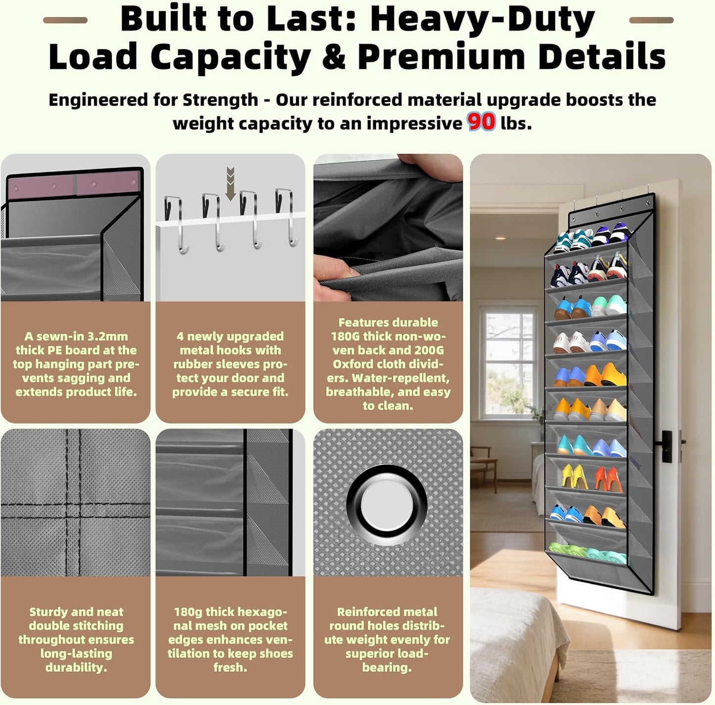 PAULONE 10-Pocket Multi-Use Over the Door Organizer, Heavy Duty 95lbs Capacity with Breathable Mesh, Versatile Hanging Storage for Shoes, Toys, Office Supplies-Classic (Black, 10-Shelf,)