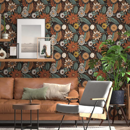 Blue Wallpaper Peel and Stick,Vintage Boho Floral Contact Paper 17.5" x 118", Retro Botanical Flower Wall Paper Self Adhesive Removable Waterproof for Walls Shelves Cabinet Table (Blue,Yellow, Green)
