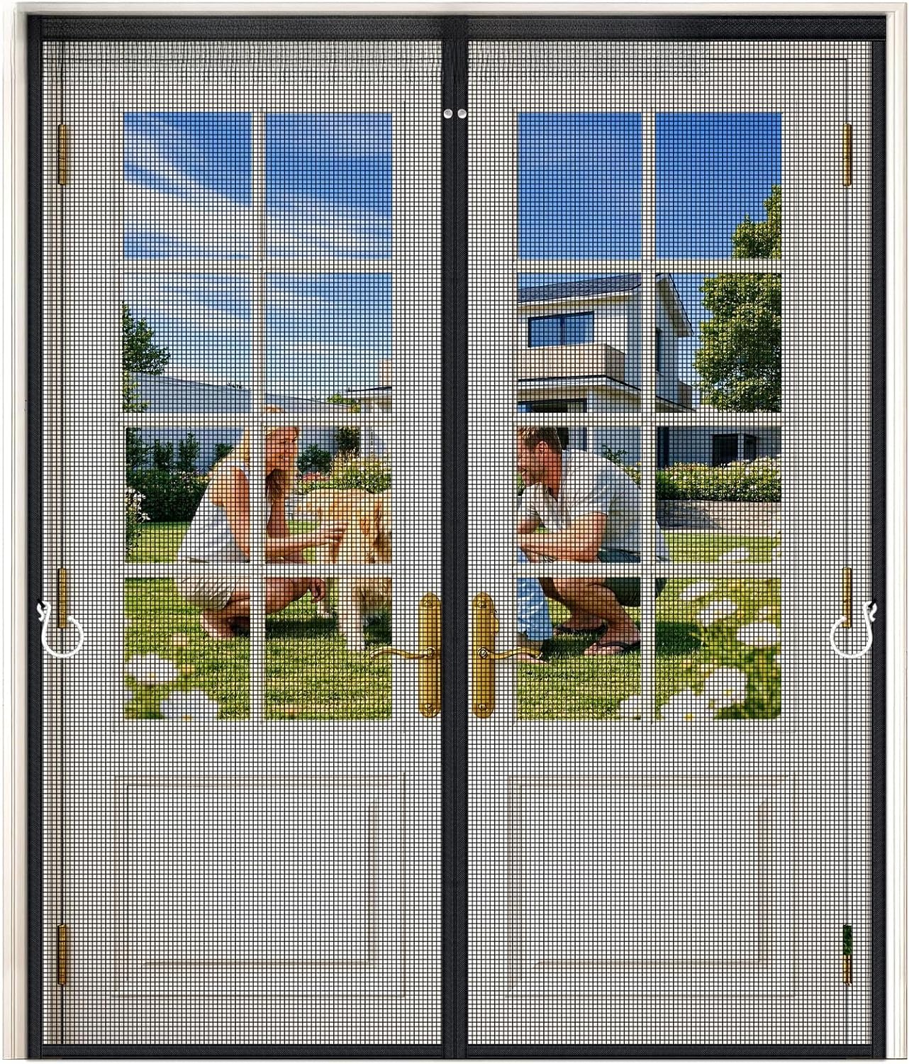 HOFUDON Upgraded Magnetic Screen Door Mesh, Full Strip Magnets, Heavy Duty Fiberglass Mesh, Door Screen Magnetic Closure for Single Door Size 32 x 80 Inch, Screen Door Size 35 x 82 Inch Black