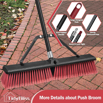 TidyBliss 24” Push Broom Outdoor Heavy Duty, Large Commercial Stiff Bristle Brush with 63 inches Long Handle for Garage Shop Garden Yard Patio Deck Street Warehouse Lawn Driveway (Yellow-Green)