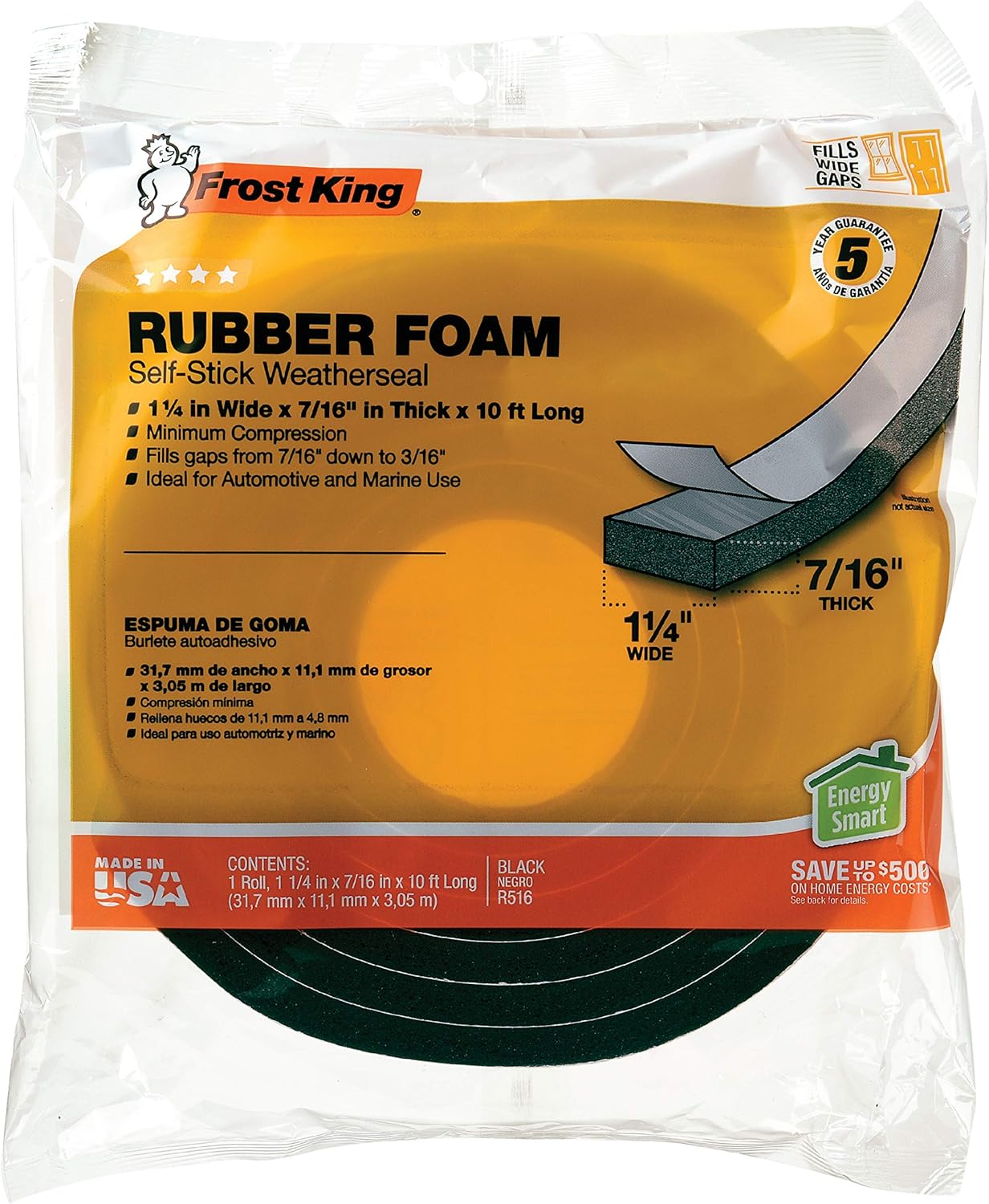 Frost King R338H Self-Stick Rubber Foam Weatherseal, 3/8"W, 3/16"T, Black|Blacks