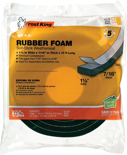Frost King R338H Self-Stick Rubber Foam Weatherseal, 3/8"W, 3/16"T, Black|Blacks