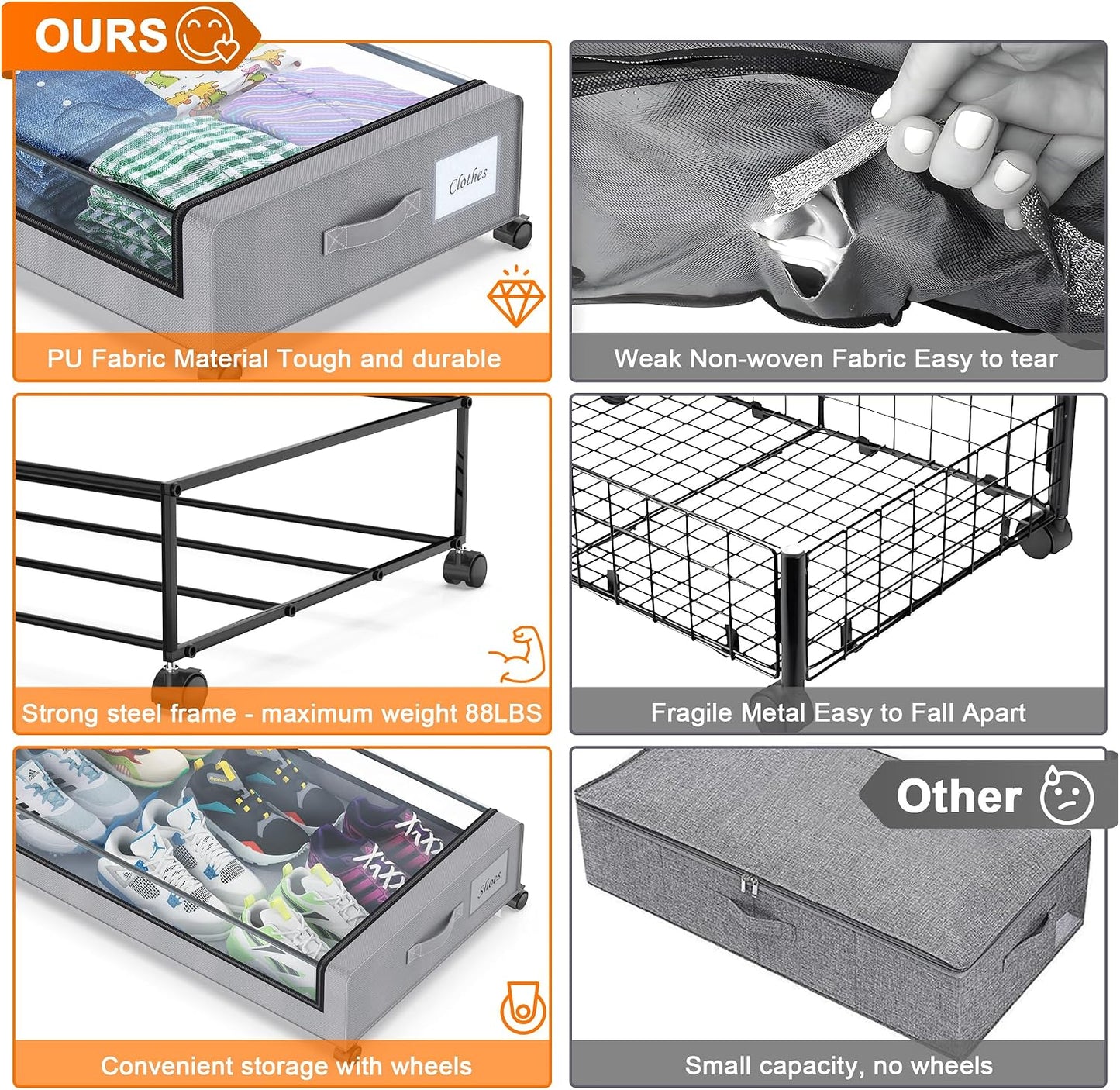 Under Bed Storage with Wheels, 2 Pack Under Bed Storage Containers with Clear Lids, XXL 65L Under Bed Storage Organizer, Rolling Under Bed Metal Drawer for Blanket, Clothes, Shoes (31 x 17 x 6.69 in)