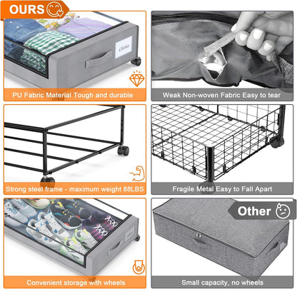 Under Bed Storage with Wheels, 2 Pack Under Bed Storage Containers with Clear Lids, XXL 65L Under Bed Storage Organizer, Rolling Under Bed Metal Drawer for Blanket, Clothes, Shoes (31 x 17 x 6.69 in)
