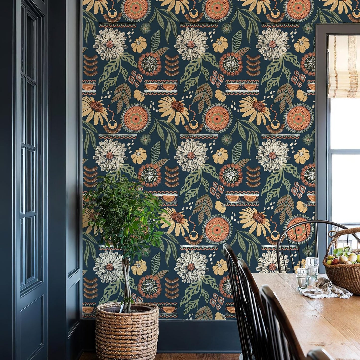 Simon&Siff Boho Peel and Stick Wallpaper, 17.3" x 80" Sun Floral Retro Contact Paper Removable Self Adhesive Wall Paper for Cabinets Furniture Bedroom Nursery Bathroom Renter Friendly DIY Decor