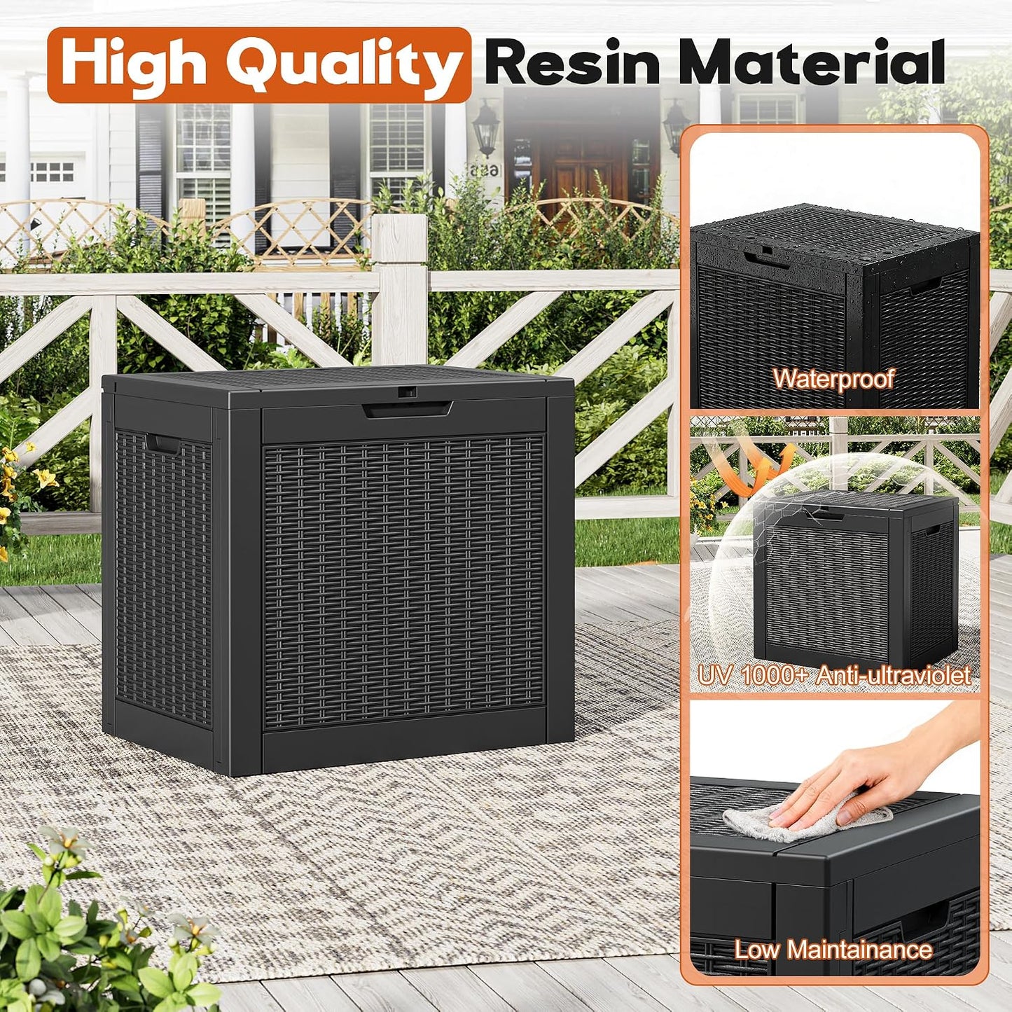 Outdoor Deck Storage Box,Resin Deck Boxes Indoor and outdoor, Waterproof Storage Box Lockable Lid (Black,35 Gallon)