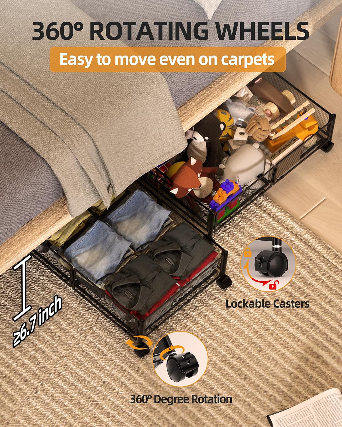 Under Bed Storage with Wheels, Foldable Metal Under Bed Storage Containers, 60L Rolling Underbed Storage, Easy Assembly Under The Bed Storage for Bedroom Clothes Shoes Blankets
