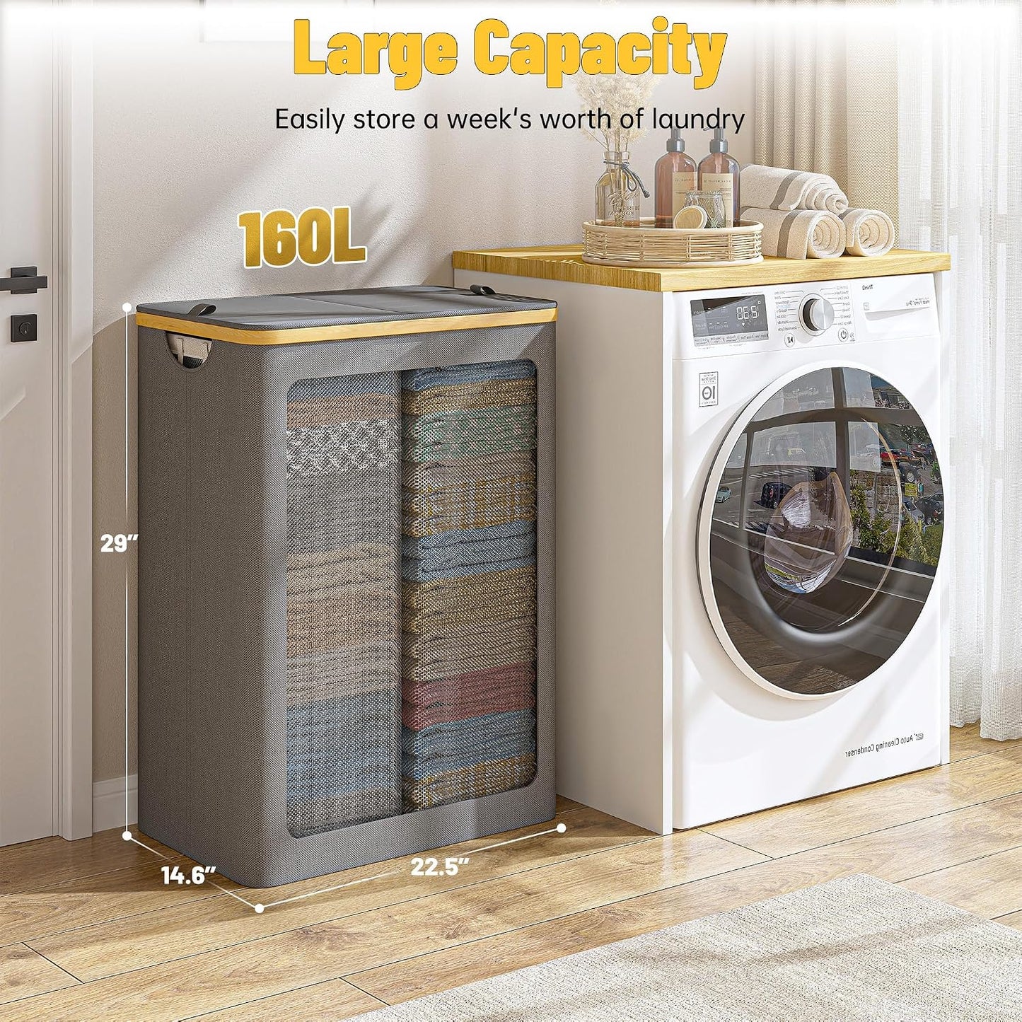 175L Laundry Hamper with Lid 3 Section, Extra Large Laundry Basket with 3 Removable Bags, 46 GAL Laundry Basket Organizer for Bedroom, Laundry Room, Dorm, Grey