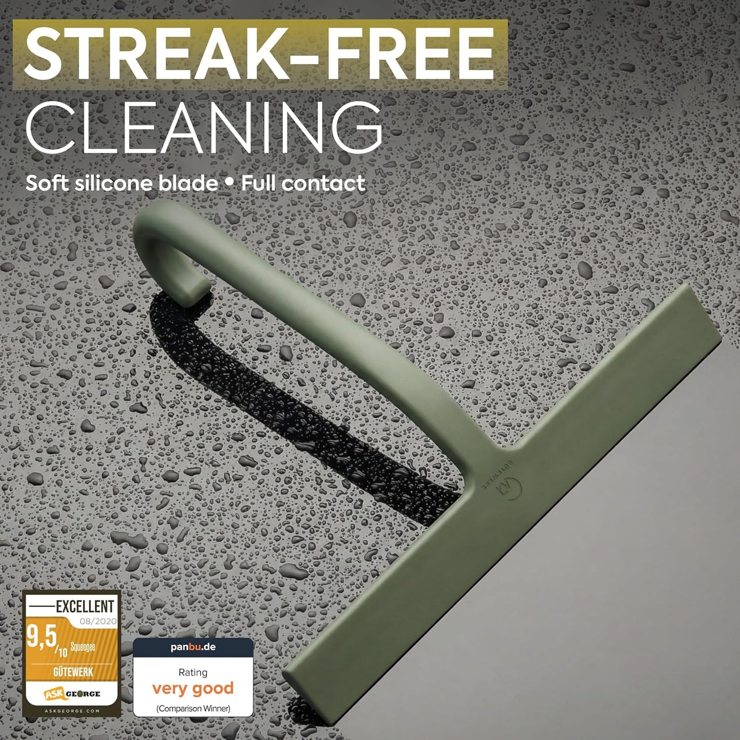 GÜTEWERK Shower Squeegee for Glass Doors – Bathroom Squeegee for Shower Glass & Tile Walls, Streak-Free & No-Squeak Silicone Blade, Stainless Steel Core, Hang Hook + Suction Cup, Black, 10 Inch