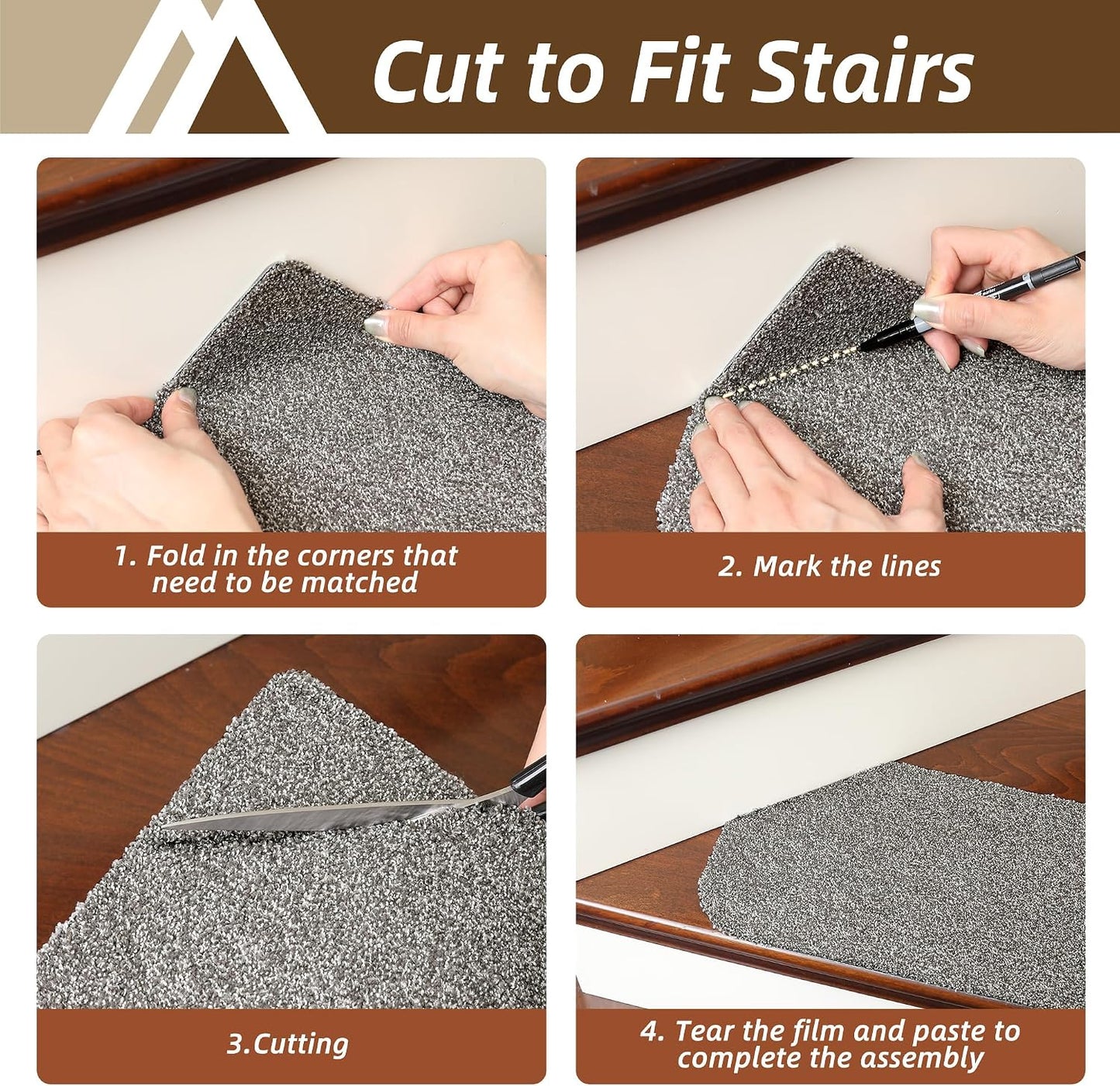 COSY HOMEER Stair Treads for Wooden Steps Non-Slip Carpet Mat,4pcs,Brown | Cut to Size,Peel and Stick,Washable,Residue Free,Self Adhesive,Stair Runner for Kid Elder Pet,28“x9”Carpet Stair Treads