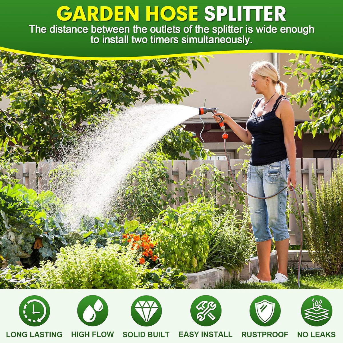 Hose Splitter 2 Way, Brass High Flow Garden Hose Splitter Heavy Duty, Hose Connector, Water Spigot Splitter, Full Flow Faucet Splitters with shutoff, 3/4” GHT Inlet