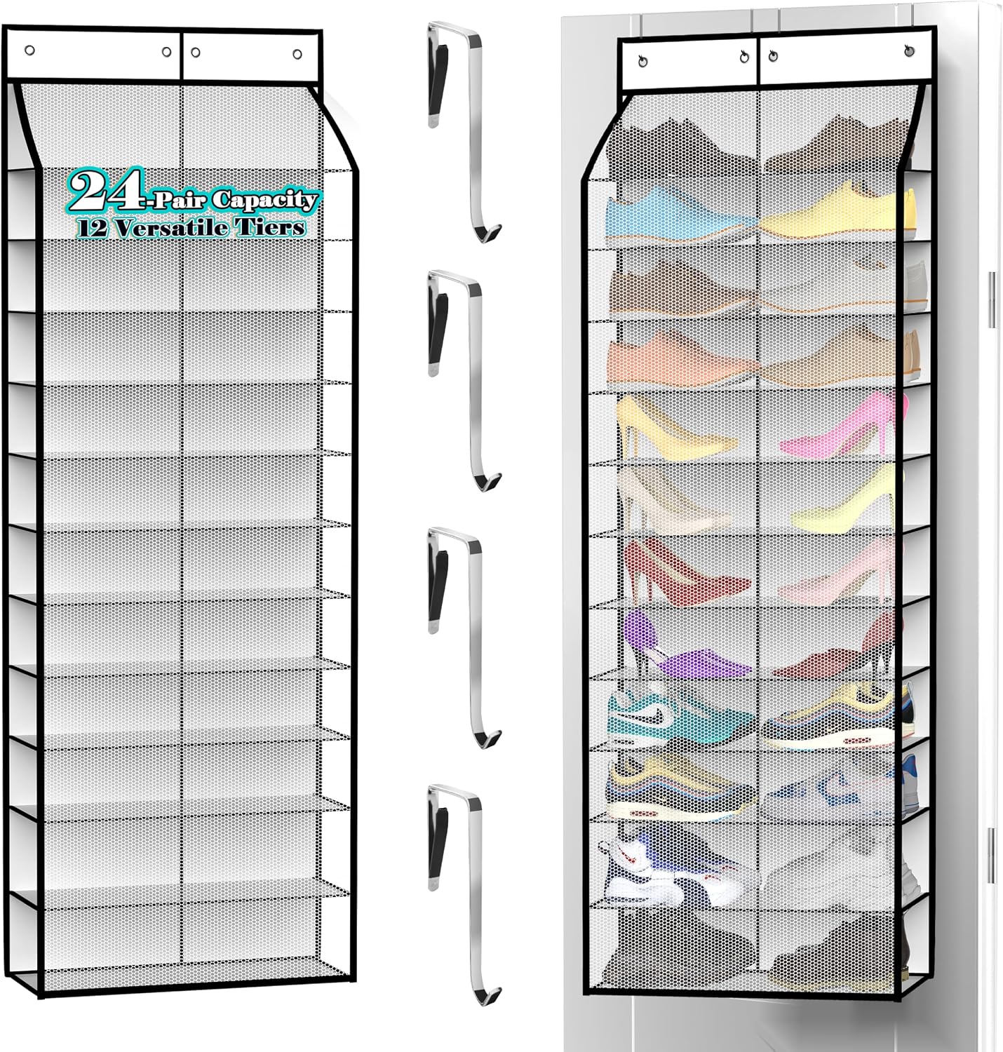 Kotkn 24-Pair Over Door Shoe Organizer for Family & Kids, Double Sided | Hanging Storage for Sneakers, Boots, Toys & Room Organization-Graphite Gray