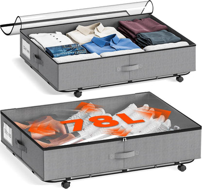 XXXL 78L Under Bed Storage with Wheels, Rolling Storage Containers with Clear Lid & Label, Heavy-Duty Metal Frame, Easy Pull-out, Underbed Storage Bins for Clothes, Shoes, Blankets, and Toys(2PACK)