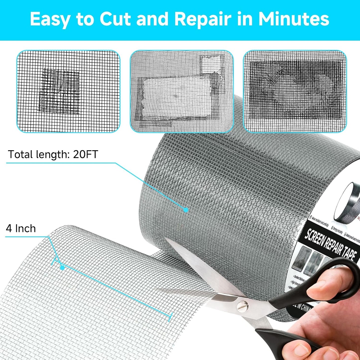 Window Screen Door Repair Tape, 4inx20FT Grey, Fiberglass Screen Mesh Repair, 3-Layer Strong Adhesive, Waterproof Covering Mesh
