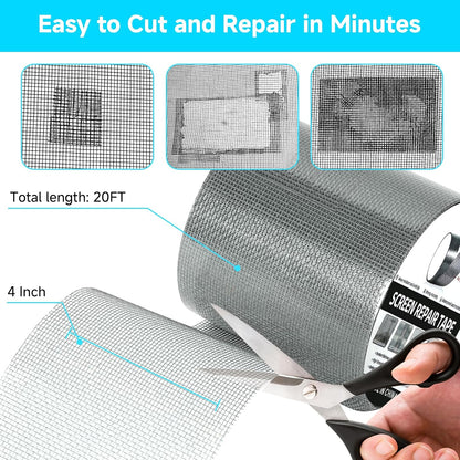 Window Screen Door Repair Tape, 4inx20FT Grey, Fiberglass Screen Mesh Repair, 3-Layer Strong Adhesive, Waterproof Covering Mesh