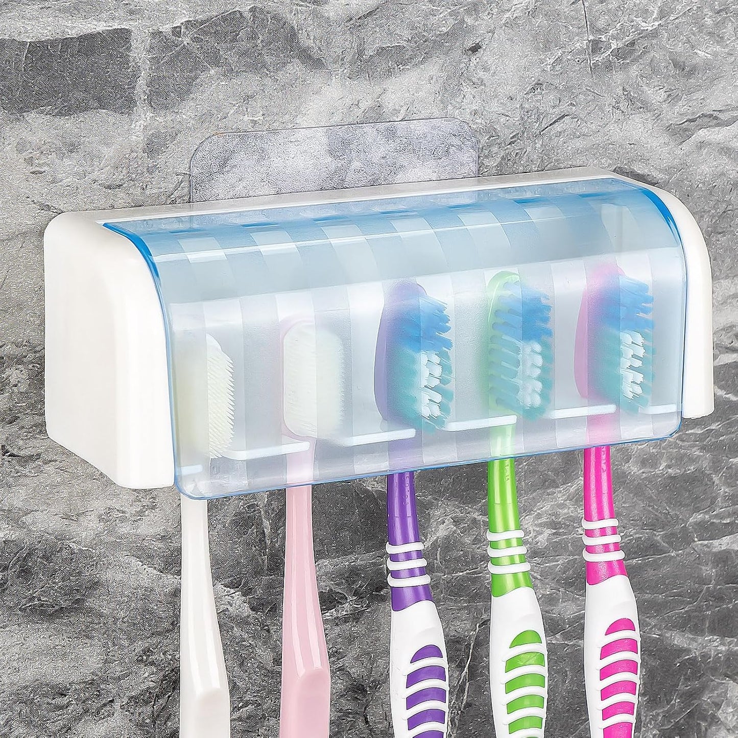 5 Slots Wall Mount Toothbrush Holder with Cover, Self Adhesive Toothbrush Storage Organizer for Shower, Toothbrush Hanger with Automatic Toothpaste Squeezer Dispenser