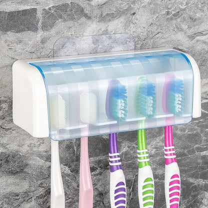 5 Slots Wall Mount Toothbrush Holder with Cover, Self Adhesive Toothbrush Storage Organizer for Shower, Toothbrush Hanger with Automatic Toothpaste Squeezer Dispenser