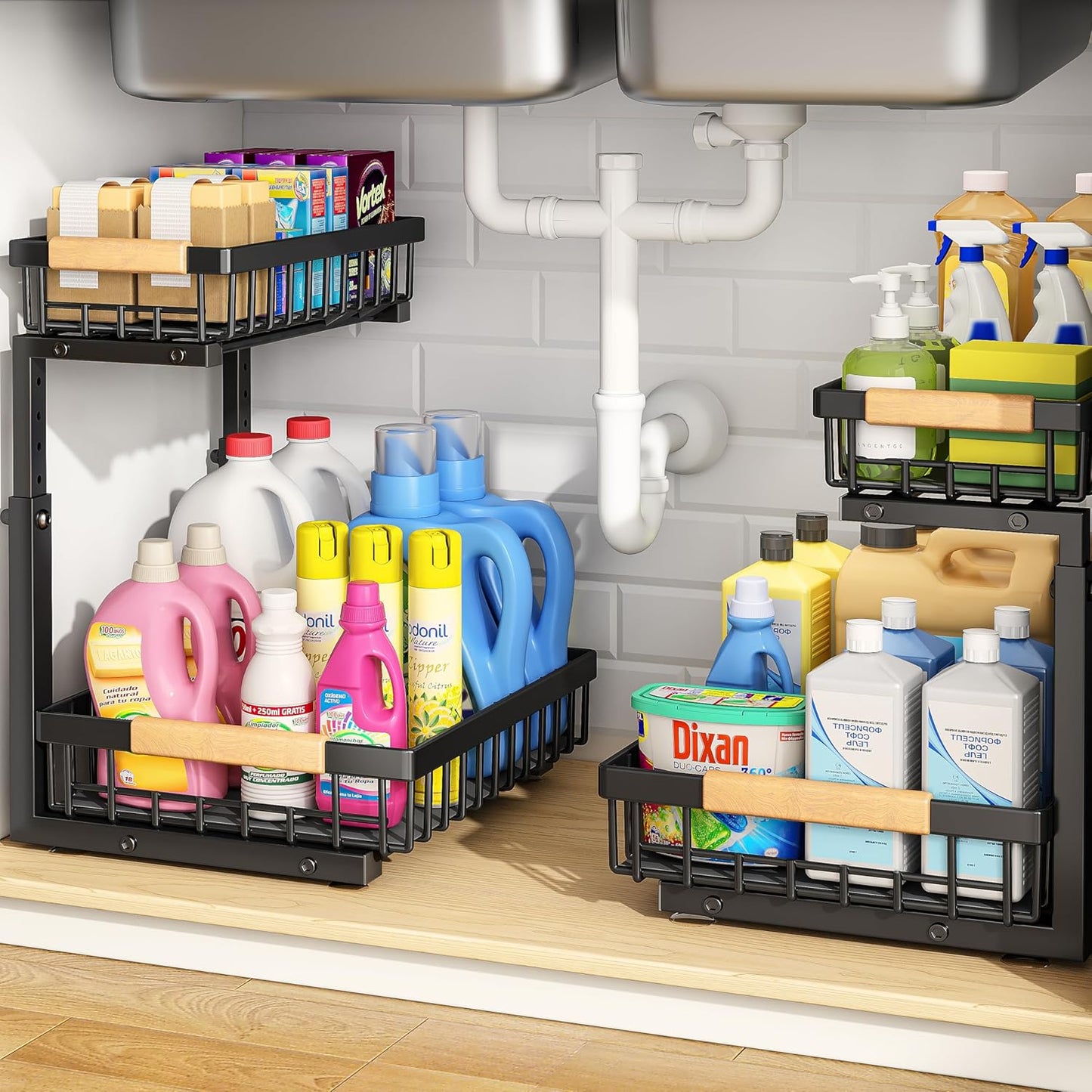 PXRACK Under Sink Organizer, Adjustable Height, 2 Tier Pull Out Under Cabinet Organizer, Slide Out Thickened Metal Under Sink Storage for Kitchen Bathroom Laundry Pantry Cabinet, White, Large-1-Pack