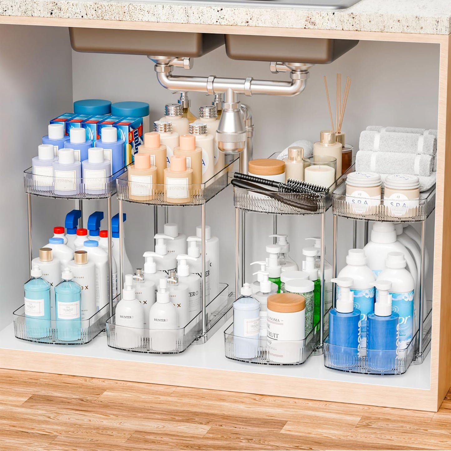 2 Pack 3 Tier Large Pull Out Bathroom Organizers and Storage,13.8″ Deep Sliding Kitchen Under Sink Organizer for Cleaning Products Storage,Acrylic Clear Bathroom inder Sink Organizer,Undersink Storage