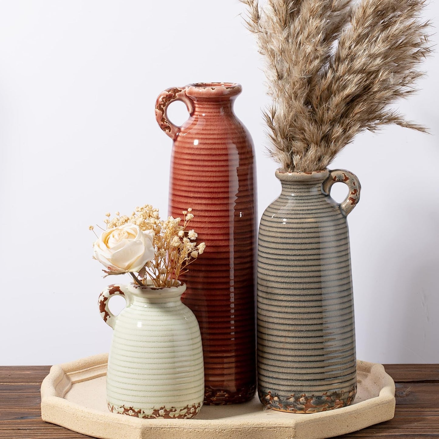 Ceramic Vase Set of 3 with Handles, Green White Neutral Rustic Modern Farmhouse Boho Decor, Versatile as Table Centerpiece or Mantel & Shelf Accent - Unique Home Gift Idea