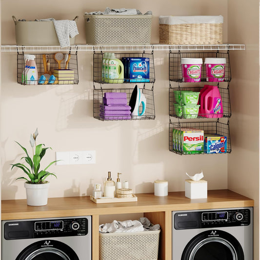 4-Tier Hanging Laundry Room Organizer: Foldable Wire Shelf Basket with 2 Large Hooks 1.65" & 360°Rotating Hooks – Space-Saving Laundry Storage Basket, for Wardrobe Closet Storage, White Patent