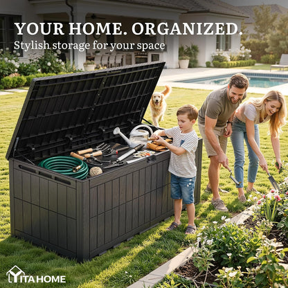 YITAHOME XXL 240 Gallon Extra Large Deck Box | Waterproof Resin Outdoor Storage Box with Lock and 3-Person Bench Seating for Patio Furniture Cushions,Garden Tools & Pool