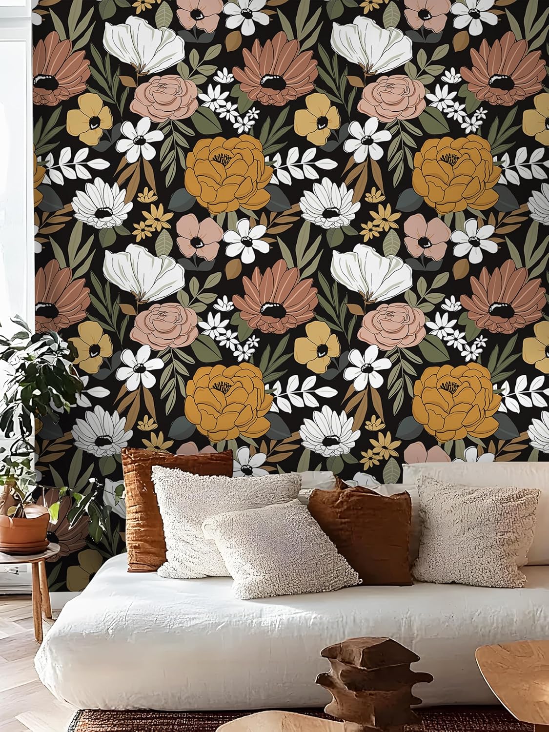Floralplus Floral Wallpaper Peel and Stick Removable Wallpaper Boho Renter Friendly Dark Flower Wallpapers Contact Paper for Walls Cabinet Bedroom Bathroom Decor 17.5 in x 118 in