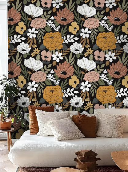 Floralplus Floral Wallpaper Peel and Stick Removable Wallpaper Boho Renter Friendly Dark Flower Wallpapers Contact Paper for Walls Cabinet Bedroom Bathroom Decor 17.5 in x 118 in