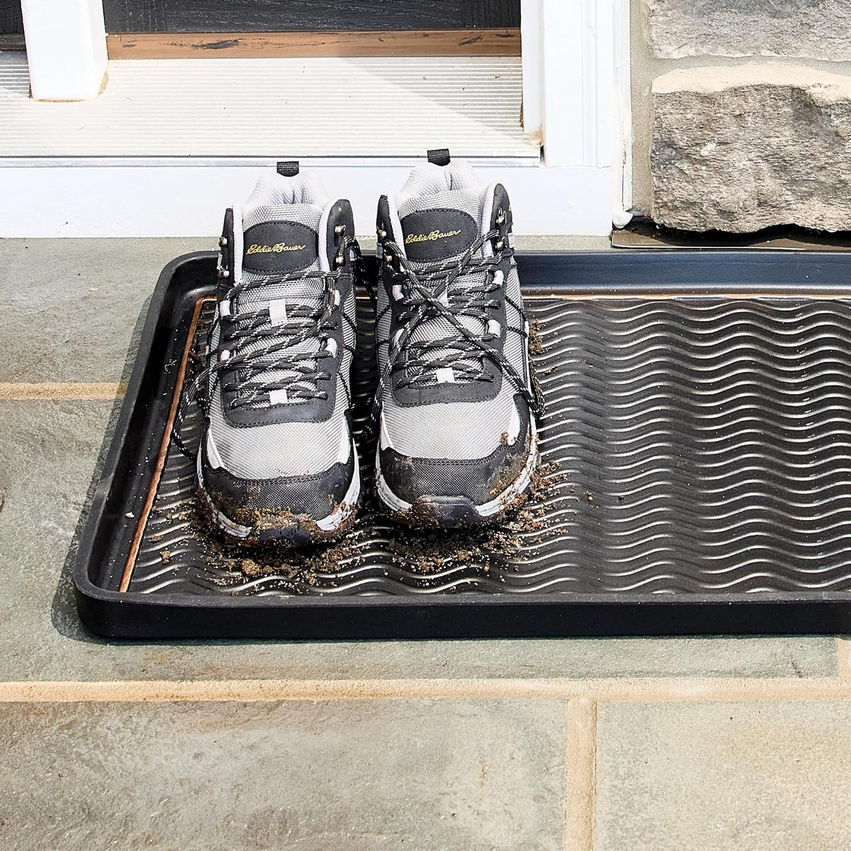 Eddie Bauer Rubber Boot Tray – Lake Waves Design, 16"x32", Black – Waterproof Entryway Boot Mat