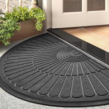 tchdio Door Mat Outdoor Indoor Entrance Doormat-Semicircular Durable Rubber Non Slip Front Door Mat for Outside Inside Entry Entryway Dirt Trapper WelcomeMat for Muddy Paws and Shoes-Black 17”x30”