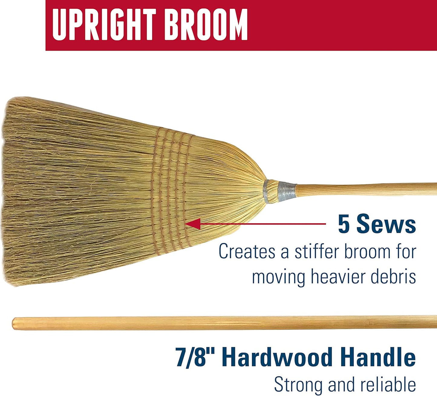 Weiler 95033 Heavy-Duty Corn Broom with Wooden Handle, 5 Sews, 100% Natural Corn Fill for Indoor or Outdoor Sweeping