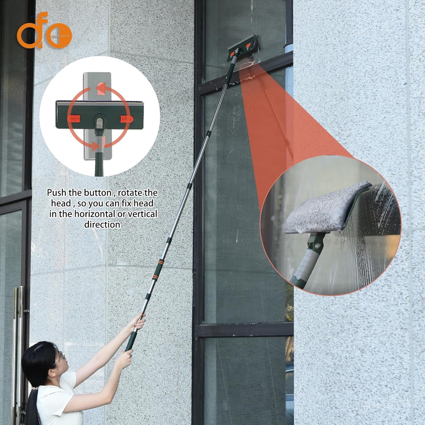 Window Squeegee Cleaner Tool with Extension Pole (81.5inch), 2-in-1 Squeegee for Window Cleaning Kit with Scrubber, Add Extra Pole Attachment Bendable Microfiber Feather Duster