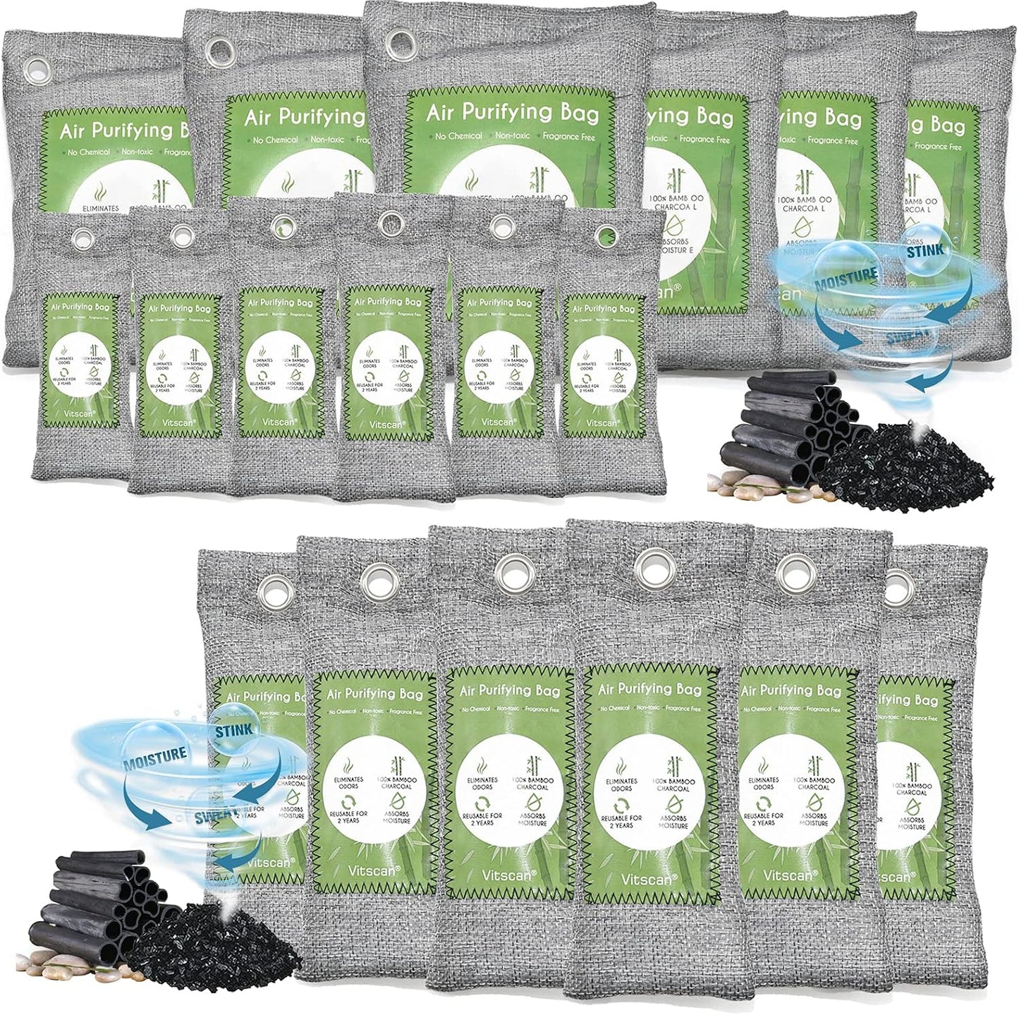 18 Pack Bamboo Charcoal Air Purifying Bag, Activated Charcoal Bags Odor Absorber, Moisture Absorber, Natural Car Air Freshener, Shoe Deodorizer, Odor Eliminators For Home, Pet, Closet (6x50g, 6x150g)
