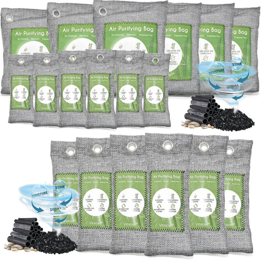 18 Pack Bamboo Charcoal Air Purifying Bag, Activated Charcoal Bags Odor Absorber, Moisture Absorber, Natural Car Air Freshener, Shoe Deodorizer, Odor Eliminators For Home, Pet, Closet (6x50g, 6x150g)