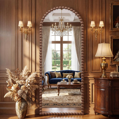 Antok 58" x 21" Arched Full Length Mirror, Antique Beaded Frame Floor Standing or Wall Mounted Mirror with Stand for Bedroom, Entryway, Brown, Luxury Style