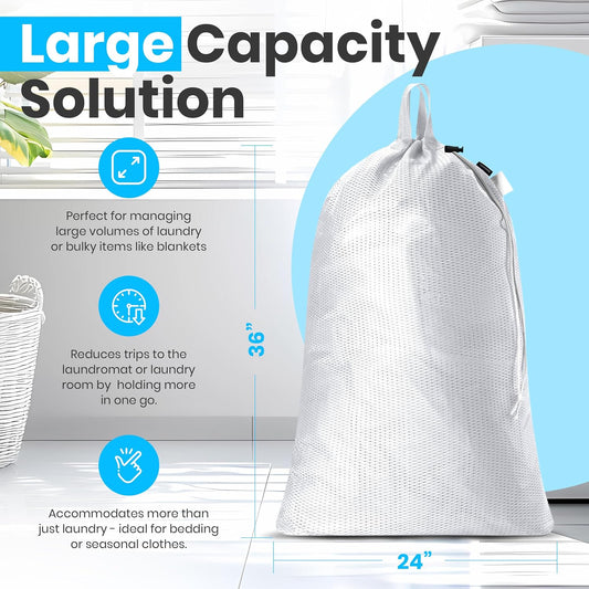 Mesh Laundry Bags 24 x 36 In, 2-Pack - Handy Laundry Heavy Duty Net Bag | Holds a Full Load, Tear-Resistant Wash Sack with Drawstring, Handles, Machine Washable, Hamper Liner, Dorm, Travel, White