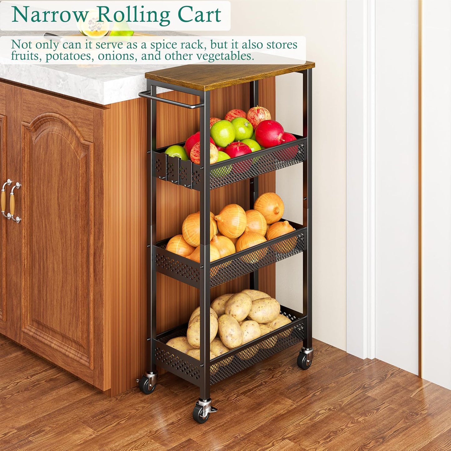 XYZLVSI Slim Storage Cart 4 Tier Narrow Kitchen Rolling Cart on Wheels for Small Space, Mobile Utility Cart Shelving Unit with Wooden Top and Metal Handle for Kitchen, Bathroom, Laundry Room