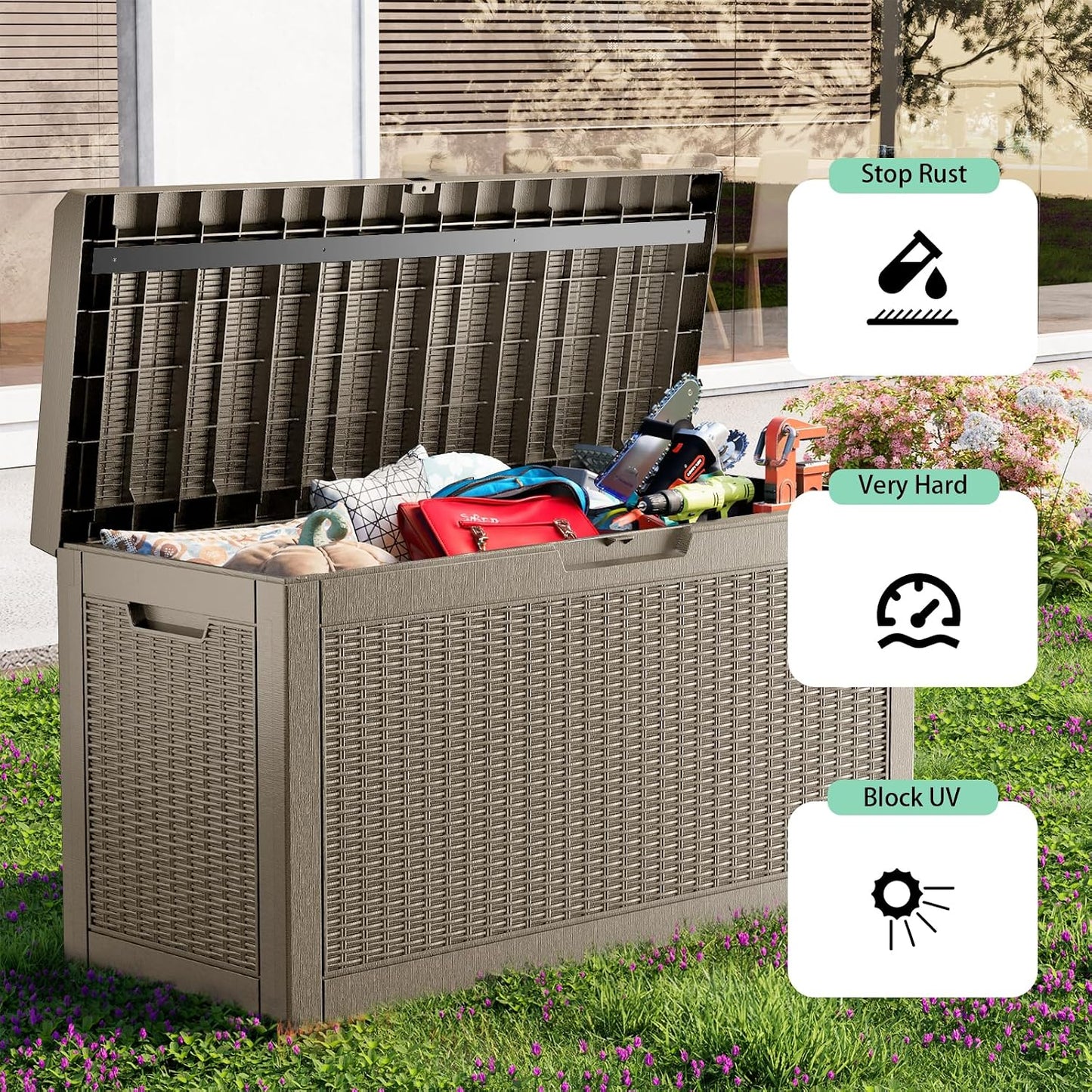 125Gal Outdoor Storage Box, Lockable Deck Box with Hydraulic Lid | Waterproof UV-resistant, Durable outdoor bin for patio cushions, pool accessories & garden tools. Keeps contents secure & dry