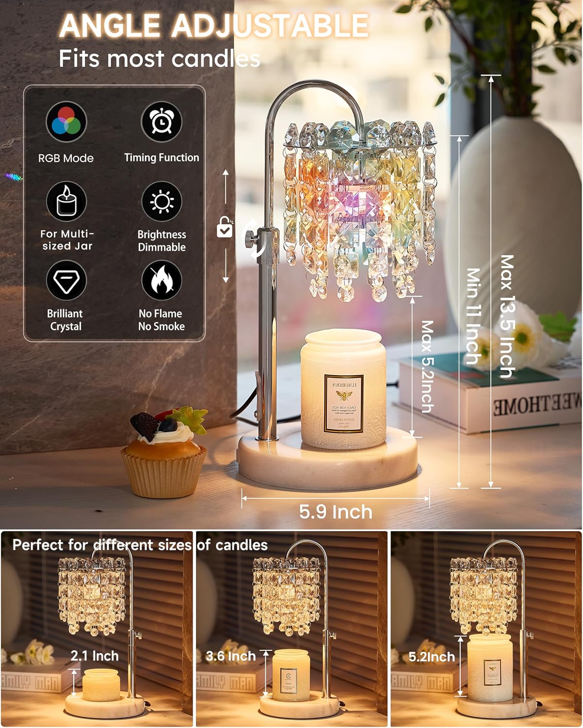 Candle Warmer Lamp with Timer Dimmer Adjustable Height Candle Warmer with Marble Base for Jar Candles, Crystal Candle Lamp with 3 Bulbs for New Home Decor, Women Mom Christmas Birthday Gifts, Silver