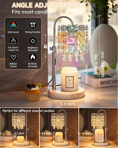 Candle Warmer Lamp with Timer Dimmer Adjustable Height Candle Warmer with Marble Base for Jar Candles, Crystal Candle Lamp with 3 Bulbs for New Home Decor, Women Mom Christmas Birthday Gifts, Silver