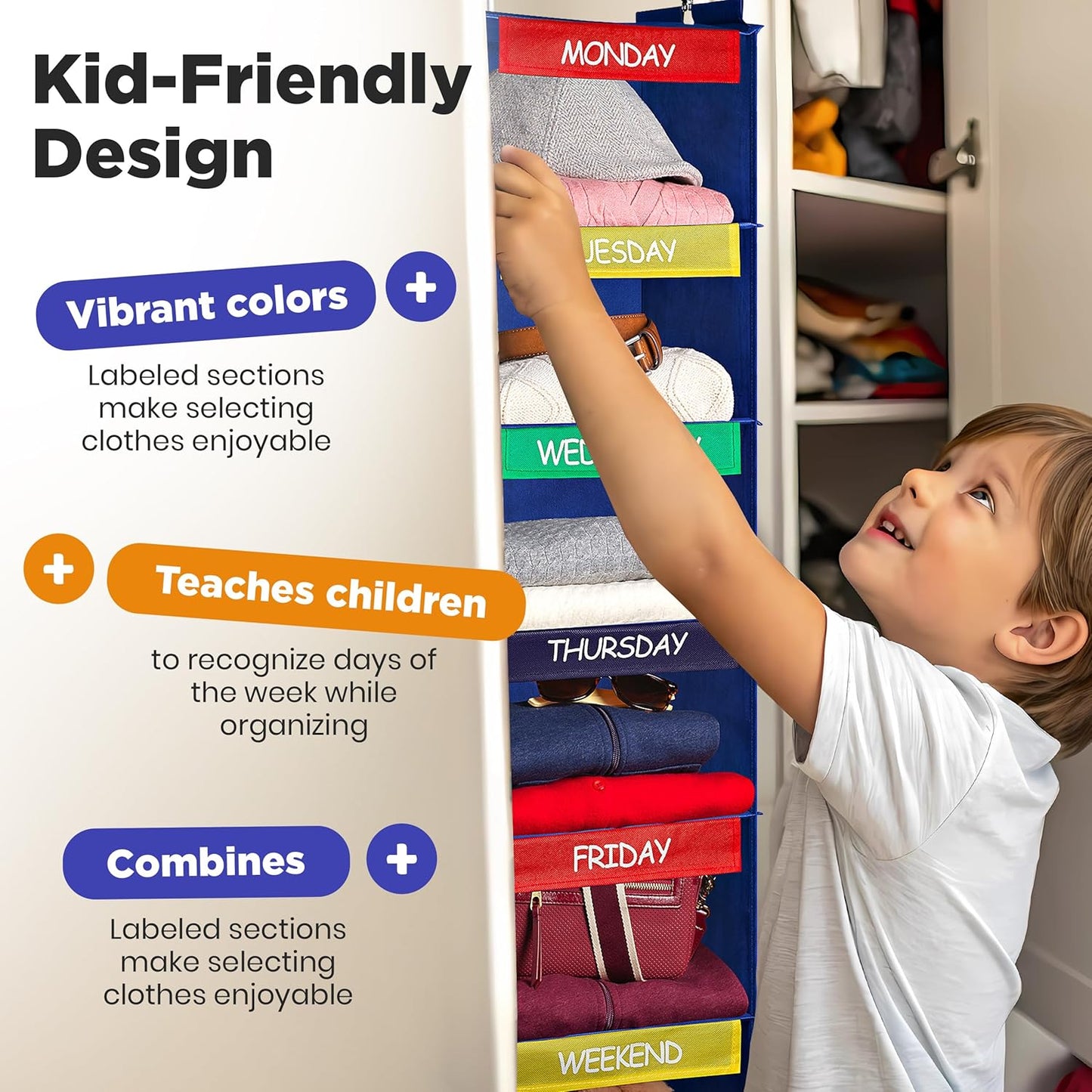 Handy Laundry Weekly Clothes Organizer for Kids, 6-Shelf Bamboo Reinforced | Days of the Week Hanging Closet Shelves, Monday Through Friday and Weekend, School Outfit Storage, Side Pockets, Pink