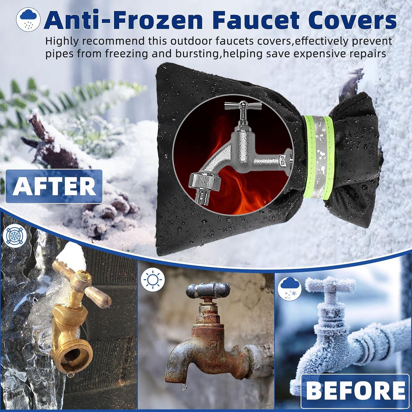 Outdoor Faucet Covers for Winter Freeze Protection 4 Pack Reusable Garden Faucet Cover Socks for Various Faucet Water Spigot Pipe Hose Bib,Waterproof Insulated Anti-Freeze Covers-Reflective Velcro