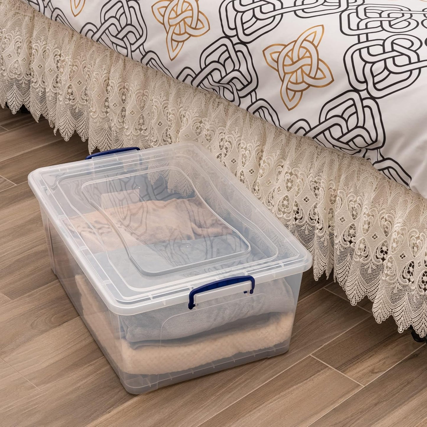 Superio Under Bed Storage Containers with Wheels (2 Pack), Flat Clear Storage Bin Stackable Large Storage Latch Box with Lids Store Cloths, Bedding, Linen, For Under The Bed, Garage, Home