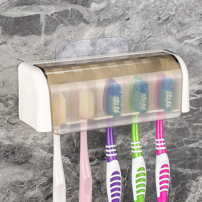 5 Slots Wall Mount Toothbrush Holder with Cover, Self Adhesive Toothbrush Storage Organizer for Shower, Toothbrush Hanger with Automatic Toothpaste Squeezer Dispenser