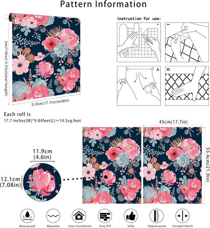 Floralplus Floral Wallpaper Peel and Stick Removable Wallpaper Boho Renter Friendly Dark Flower Wallpapers Contact Paper for Walls Cabinet Bedroom Bathroom Decor 17.5 in x 118 in