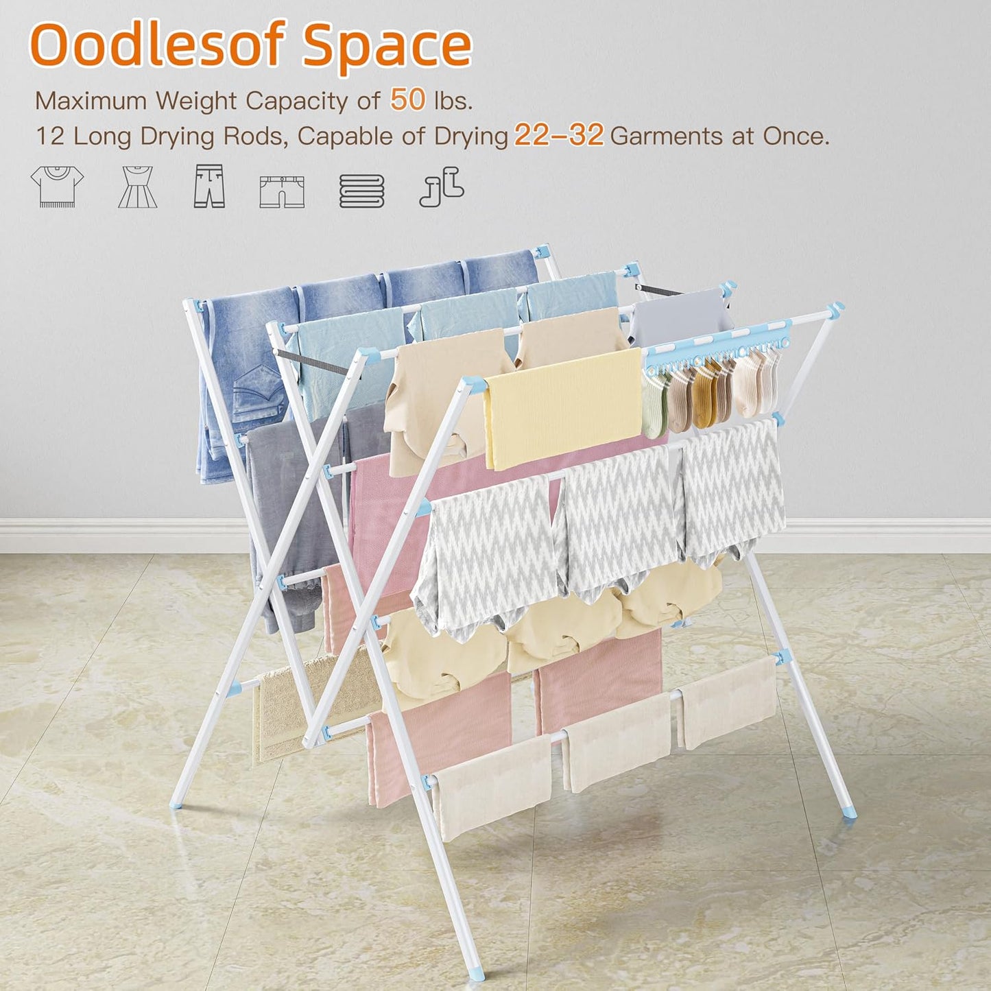 HOMIDEC Drying Rack Clothing,Large 12 Drying Poles with Sock Clips Clothes Drying Rack,Foldable Portable Laundry Drying Rack for Air Drying Clothing,Towels,Delicate Eac,Indoor Outdoor Use.Silver