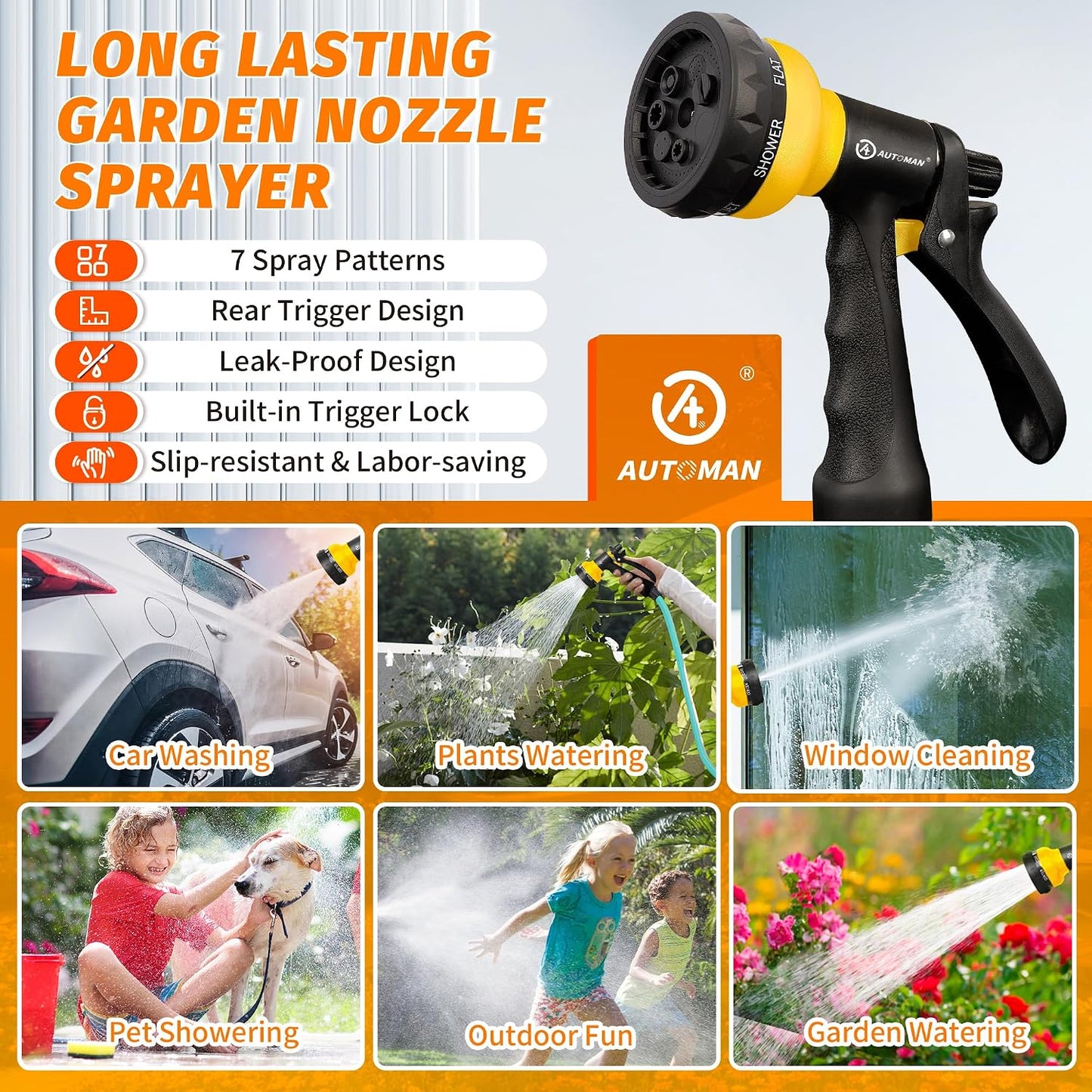 AUTOMAN Garden Hose Nozzle - 2 Pack, 100% Metal High Pressure Spray Nozzle, Labor-Saving Design, Heavy Duty for Garden Watering, Car Washing, Window Cleaning, Pets Bathing